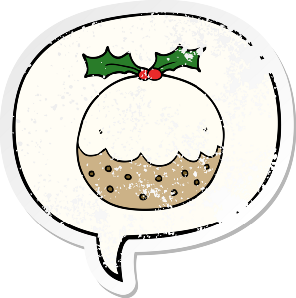 Konuşma balonlu karikatür pudingi bir insan tarafından çizilmiş sıkıntılı eski bir çıkartma