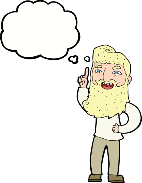 Bir insan tarafından çizilmiş düşünce baloncuğu fikri olan mutlu sakallı bir adam.