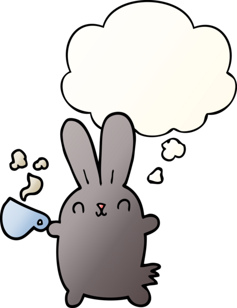 Bir insan tarafından çizilmiş düşünce baloncuklu kahve fincanıyla sevimli çizgi film tavşanı.