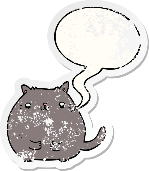 Konuşma baloncuğu olan çizgi film kedisi bir insan tarafından çizilmiş sıkıntılı eski bir çıkartma