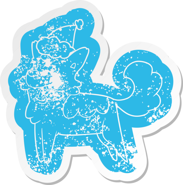 Bir insan tarafından çizilmiş Noel Baba şapkası takan mutlu bir köpeğin garip karikatürü.