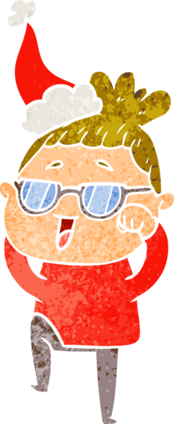 Bir insanın çizdiği Noel Baba şapkası takan mutlu bir kadının el çizimi karikatürü.