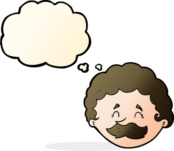 Bir insan tarafından çizilmiş düşünce baloncuklu bıyıklı çizgi film adamı.