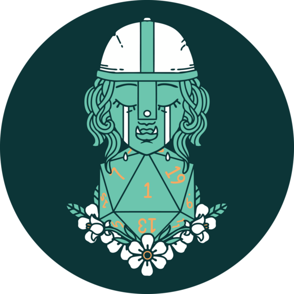 Ağlayan Ork savaşçı karakteri ikonu. Bir insan tarafından çizilmiş doğal bir D20 rulosu.