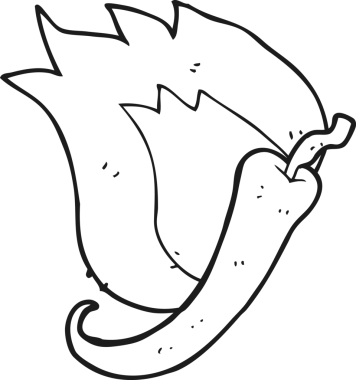 Bir insan tarafından çizilmiş sıcak kırmızı biber yanan siyah beyaz bir çizgi film.