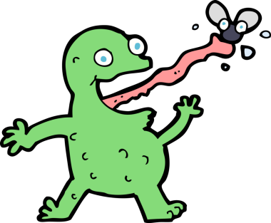 Bir insan tarafından çizilmiş sineği yakalayan kurbağa.