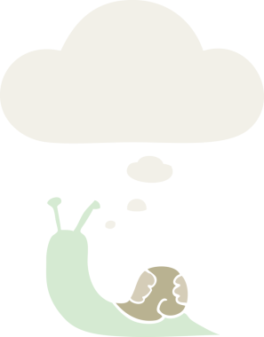 insan tarafından çizilmiş, düşünce baloncuklu çizgi film salyangozu.