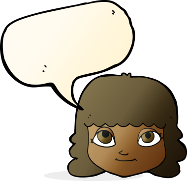 Bir insan tarafından çizilmiş konuşma balonlu mutlu kadın yüzü.