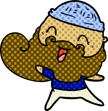 Bir insan tarafından çizilmiş sakallı ve kış şapkalı mutlu bir adam.