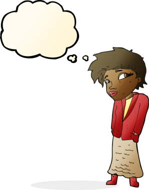 Bir insan tarafından çizilmiş düşünce baloncuğu olan elleri ceplerinde bir çizgi film kadını.