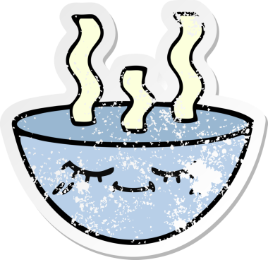 Bir insan tarafından çizilmiş sıcak çorba kasesinin hüzünlü çıkartması.