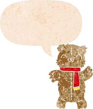 Bir insan tarafından çizilmiş grunge sıkıntılı retro tarzı konuşma baloncuğu ile çizgi film ayısı