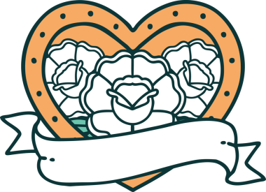 İkonik dövme stili bir kalp ve bir insan tarafından çizilmiş çiçekli pankart.