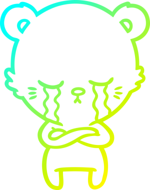 Bir insan tarafından katlanmış kolları olan ağlayan çizgi film ayısının soğuk çizgi çizimi.