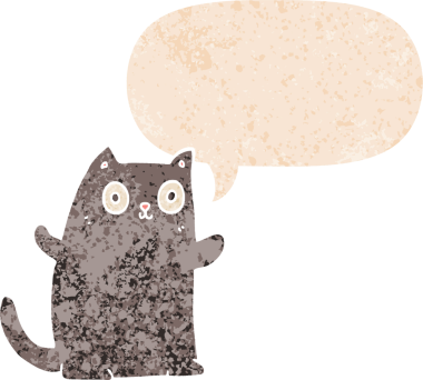 grunge 'da konuşma balonu olan çizgi film kedisi bir insan tarafından çizilmiş dertli retro desenli