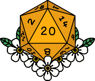 Retro Dövme Biçimi Doğal 20 D20 zar bir insan tarafından çizilmiş çiçek elementleriyle