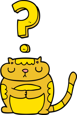 Bir insan tarafından çizilmiş soru işareti olan çizgi film kedisi.