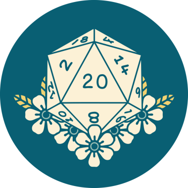 Retro Dövme Biçimi Doğal 20 D20 zar bir insan tarafından çizilmiş çiçek elementleriyle