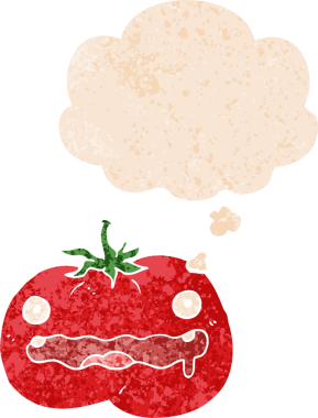 Düşünce baloncuklu çizgi film domatesi grunge sıkıntılı retro dokuma tarzı bir insan tarafından çizilmiş.