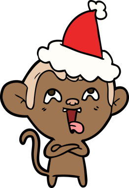 Bir insan tarafından çizilmiş Noel Baba şapkası takan bir maymun çizilmiş.