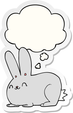 Düşünce baloncuklu çizgi film tavşanı insan tarafından çizilmiş bir çıkartma.
