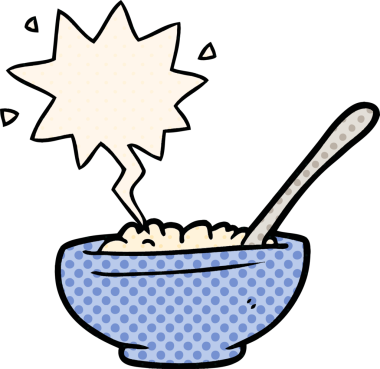 Bir insan tarafından çizilmiş çizgi roman tarzında konuşma balonlu pirinç kasesi.