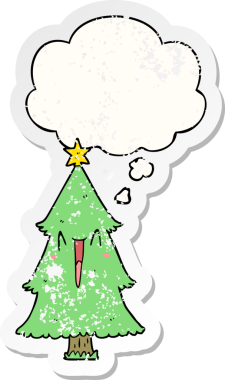 Düşünce baloncuğu olan karikatür Noel ağacı bir insan tarafından çizilmiş yıpranmış bir çıkartma.