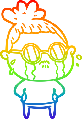 Bir insan tarafından çizilmiş güneş gözlüğü takan, ağlayan bir karikatür çizimi.