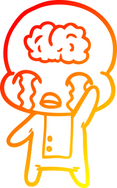 Bir çizgi filmin sıcak çizgi çizimi. Bir insan tarafından çizilmiş ağlayan büyük beyin uzaylısı.