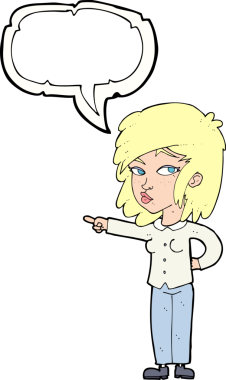 Bir insan tarafından çizilmiş bir konuşma balonuyla işaret eden çizgi film kadını.