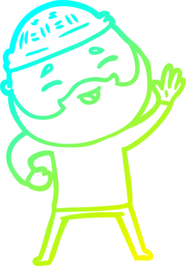 Bir insan tarafından çizilmiş, mutlu, sakallı, çizgi film karakteri.