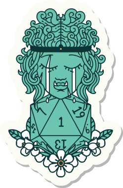 Hüzünlü bir ork barbar karakterinin çıkartması. Doğal bir d20 ruloyla bir insan tarafından çizilmiş.