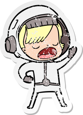 Bir insan tarafından çizilmiş sıkıntılı bir karikatür çıkartması konuşan astronot.