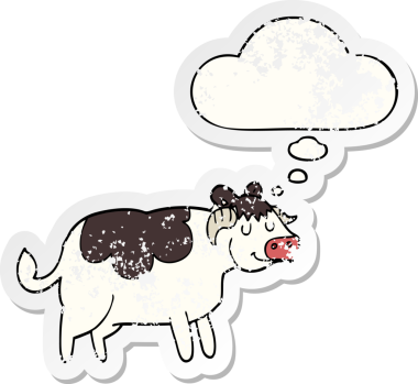 Düşünce baloncuğu olan çizgi film ineği insan tarafından çizilmiş yıpranmış bir çıkartma gibi.