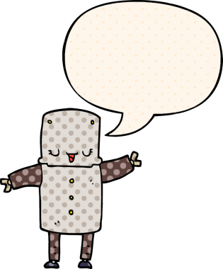 Bir insan tarafından çizilmiş çizgi roman tarzında konuşma balonu olan çizgi film robotu.