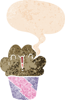 Yüzü konuşma baloncuğu olan, grunge 'da sıkıntılı, desenli bir insan tarafından çizilmiş bir kek.