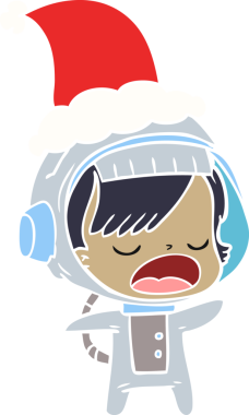Bir insan tarafından çizilmiş Noel Baba şapkası giyen konuşan astronot bir kadının el çizimi düz renk çizimi.