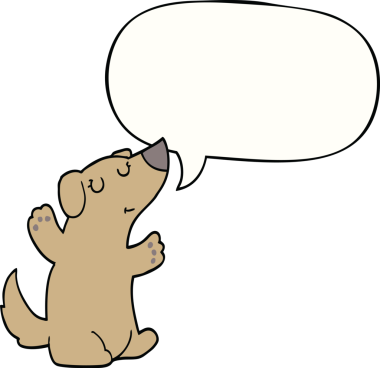 Bir insan tarafından çizilmiş konuşma balonu olan çizgi film köpeği.