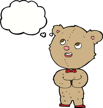 Bir insan tarafından çizilmiş düşünce baloncuklu şirin oyuncak ayı.