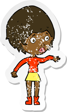 Çizgi filmin gerilimli retro çıkartması bir insan tarafından çizilmiş endişeli bir kadın.