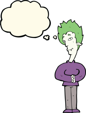 Bir insan tarafından çizilmiş düşünce baloncuğu olan bir vampir.