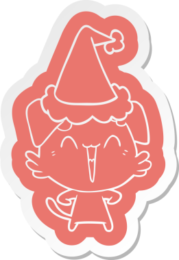 Mutlu küçük köpek çizgi film çıkartması Noel Baba şapkası giyen bir insan tarafından çizilmiş.