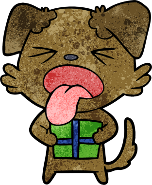 Bir insan tarafından çizilmiş noel hediyeli çizgi film köpeği.