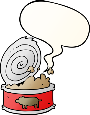 Bir insan tarafından çizilmiş, konuşma baloncuklu konserve yiyecekler.