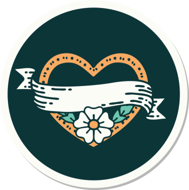 Geleneksel kalp stili dövme çıkartması ve bir insan tarafından çizilmiş çiçekli pankart.