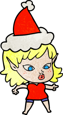 Bir insan tarafından çizilmiş Noel Baba şapkası takan bir elf kızı çizilmiş güzel bir el çizimi.