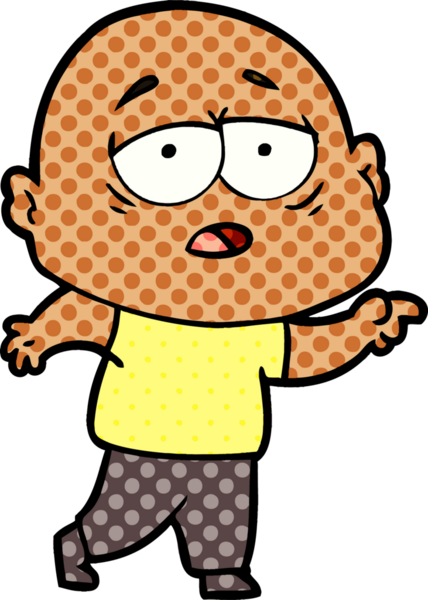 Bir insan tarafından çizilmiş yorgun, kel bir adam.