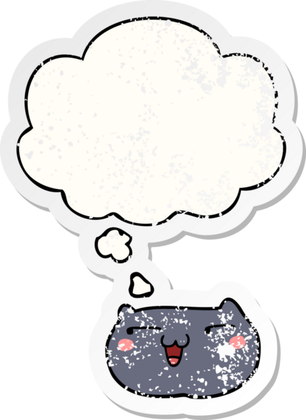 Düşünce baloncuklu çizgi film kedisi yüzü bir insan tarafından çizilmiş yıpranmış bir çıkartma gibi.