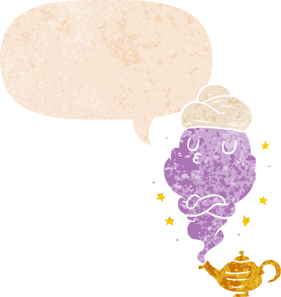 bir insan tarafından çizilmiş grunge sıkıntılı retro desenli konuşma baloncuklu çizgi film cini