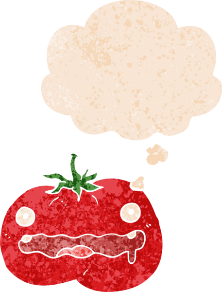 Düşünce baloncuklu çizgi film domatesi grunge sıkıntılı retro dokuma tarzı bir insan tarafından çizilmiş.